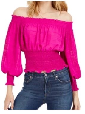 Leyden Fuchsia Off-Shoulder Smocked Peplum Top